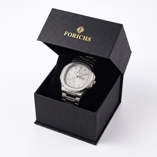 FORICHS Silver Steel Watch with Day-Date Display