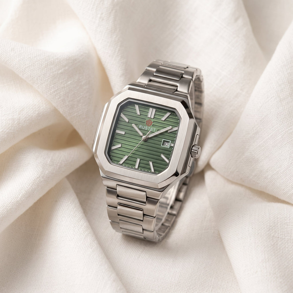 RUSTET Men's Ultra-Thin Square Case Watch – Green Dial - date, Steel & Waterproof