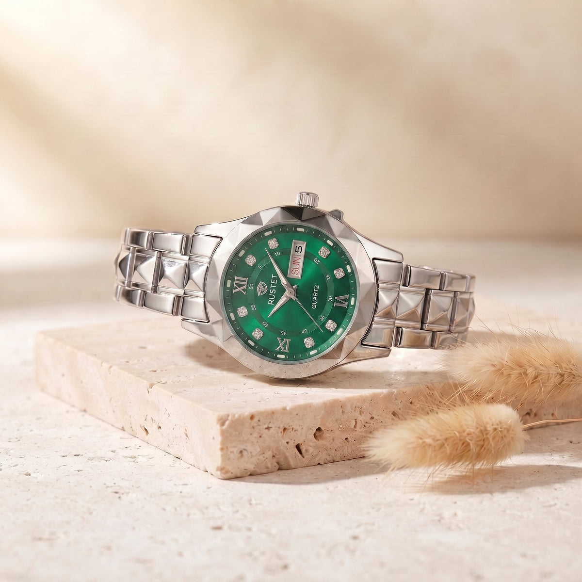 RUSTET Women's 3D Faceted Crystal Watch – Green Steel, Waterproof & Day-Date