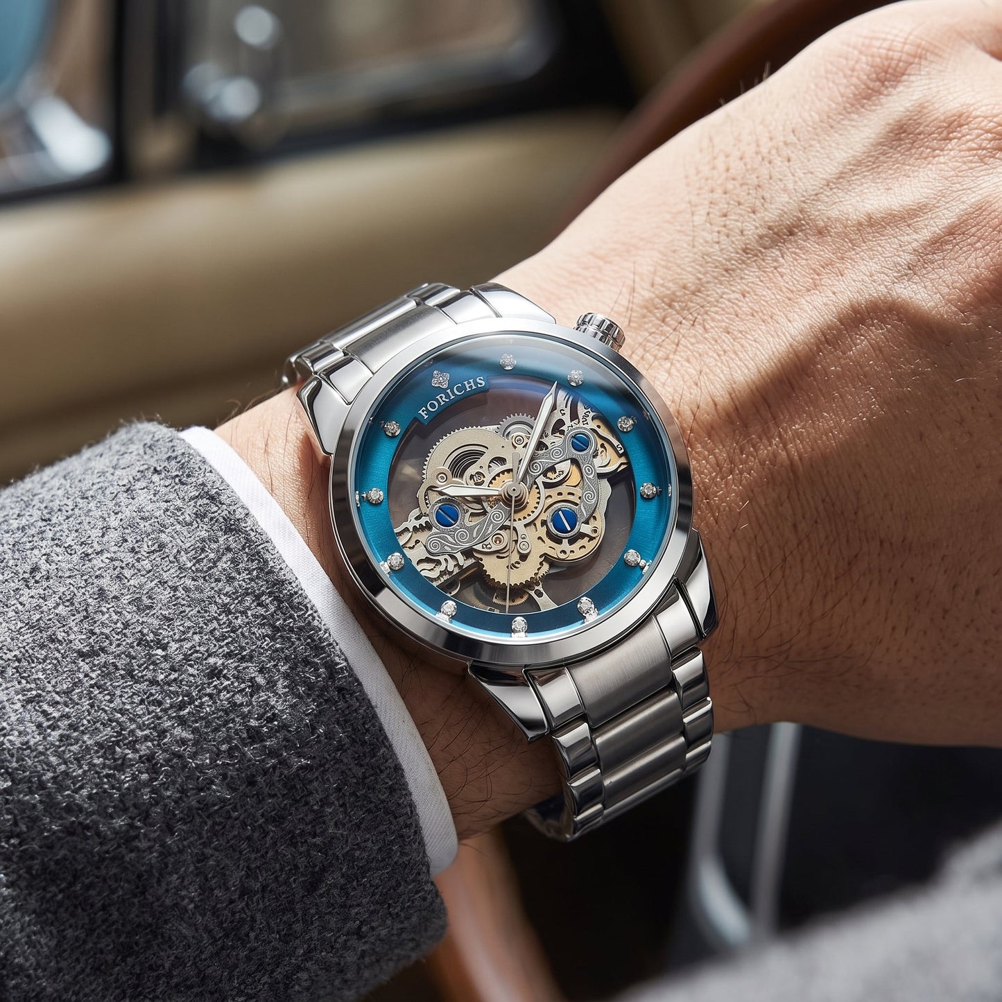 FORICHS Automatic Skeleton Watch with Blue Transparent Dial