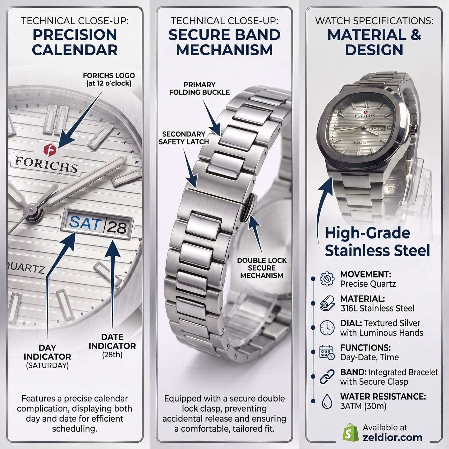 FORICHS Silver Steel Watch with Day-Date Display