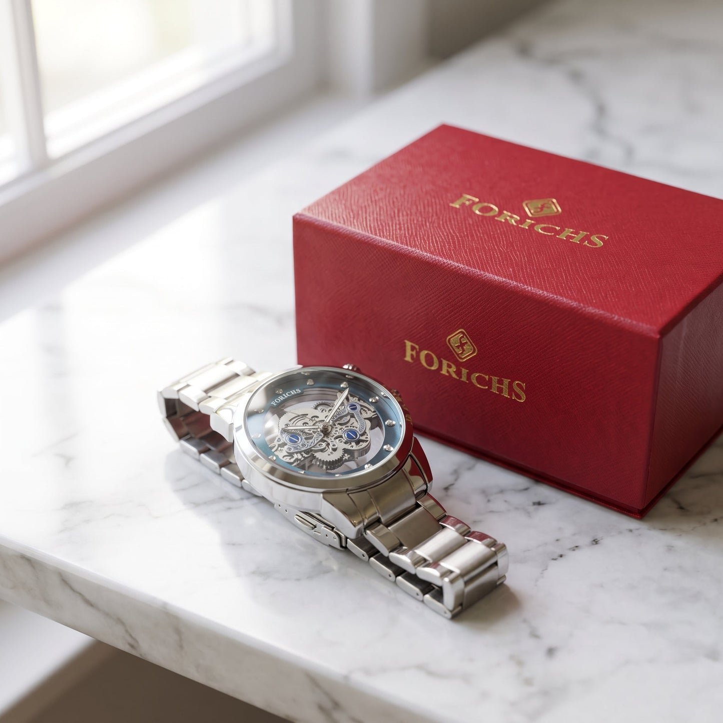 FORICHS Automatic Skeleton Watch with Blue Transparent Dial