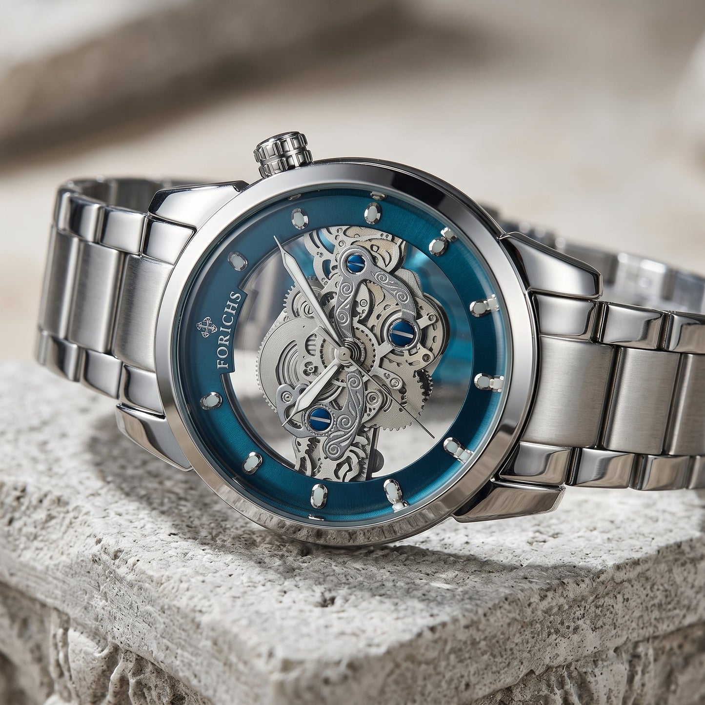 FORICHS Automatic Skeleton Watch with Blue Transparent Dial