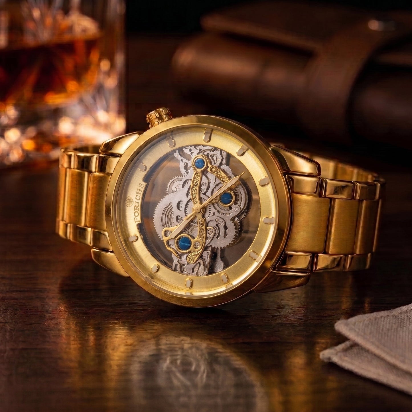 FORICHS Full Gold Automatic Skeleton Watch