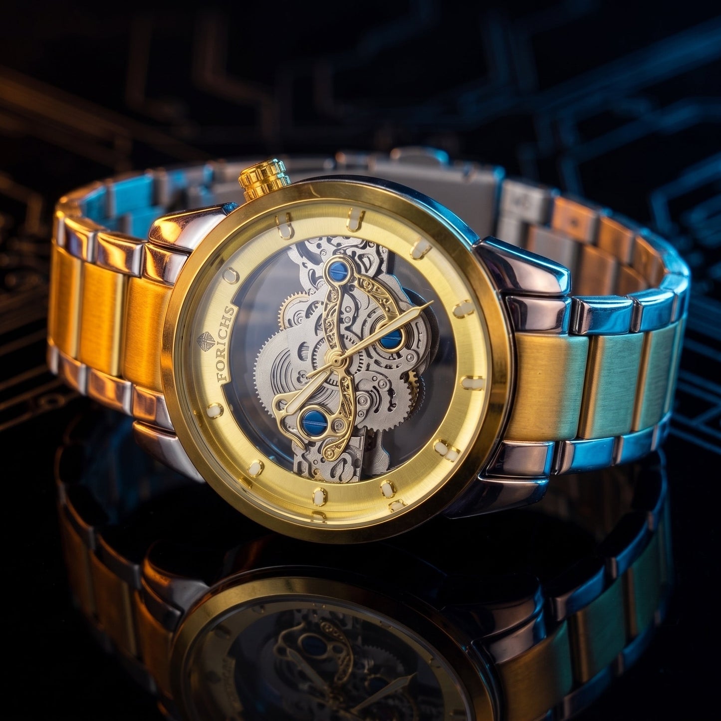 FORICHS Two-Tone Gold Automatic Skeleton Watch