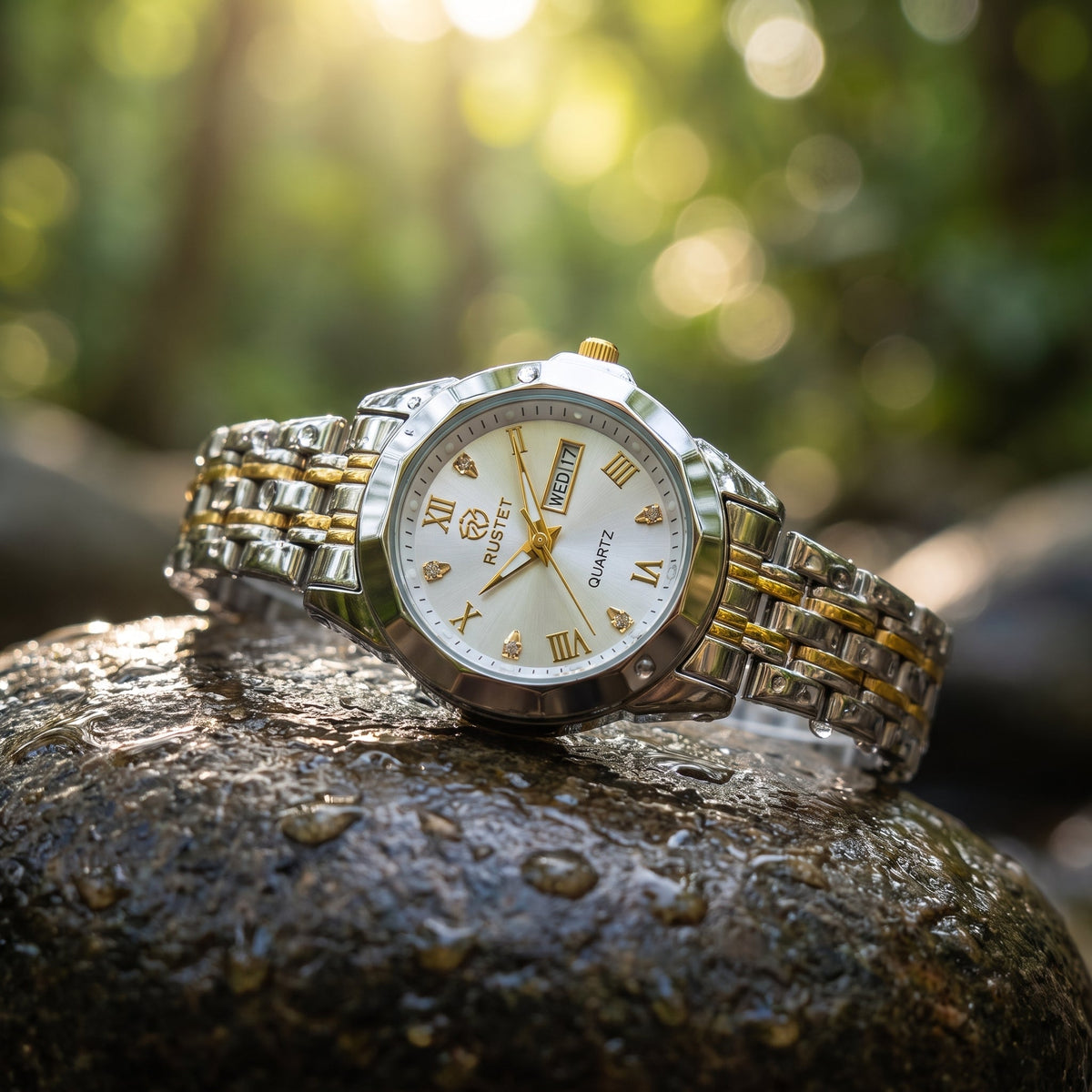 RUSTET Women's Waterproof  Two-Tone Watch – White Dial, Gold Accents, Day-Date
