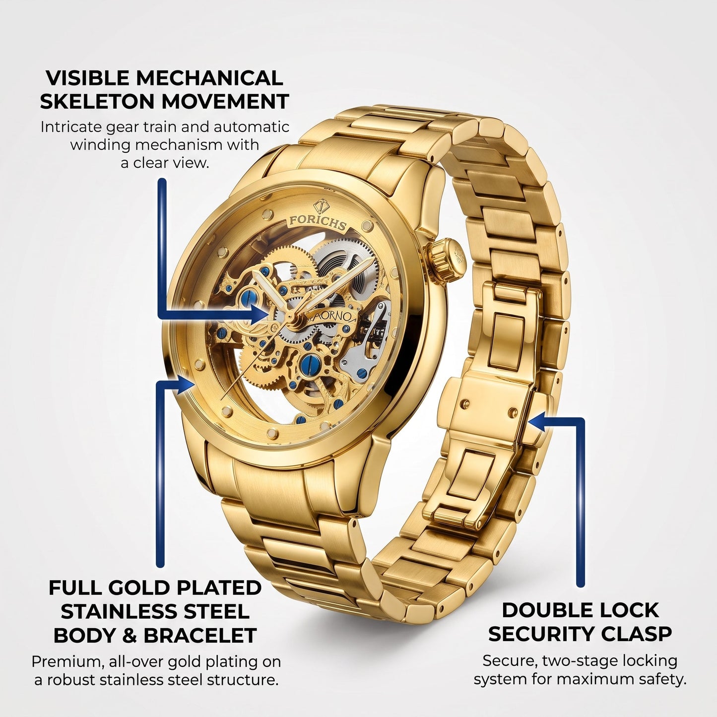 FORICHS Full Gold Automatic Skeleton Watch