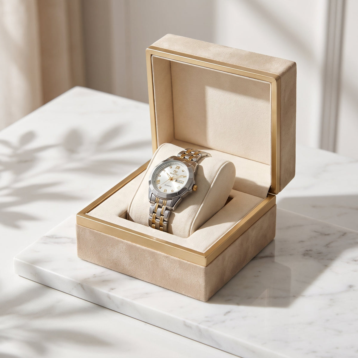 RUSTET Women's Waterproof  Two-Tone Watch – White Dial, Gold Accents, Day-Date