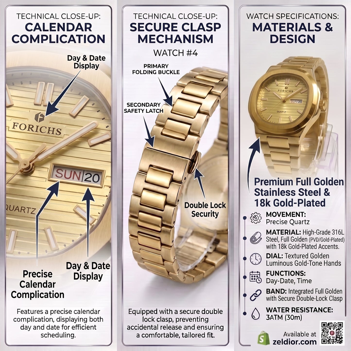 FORICHS Full Gold Dial Quartz Watch with Day-Date Display