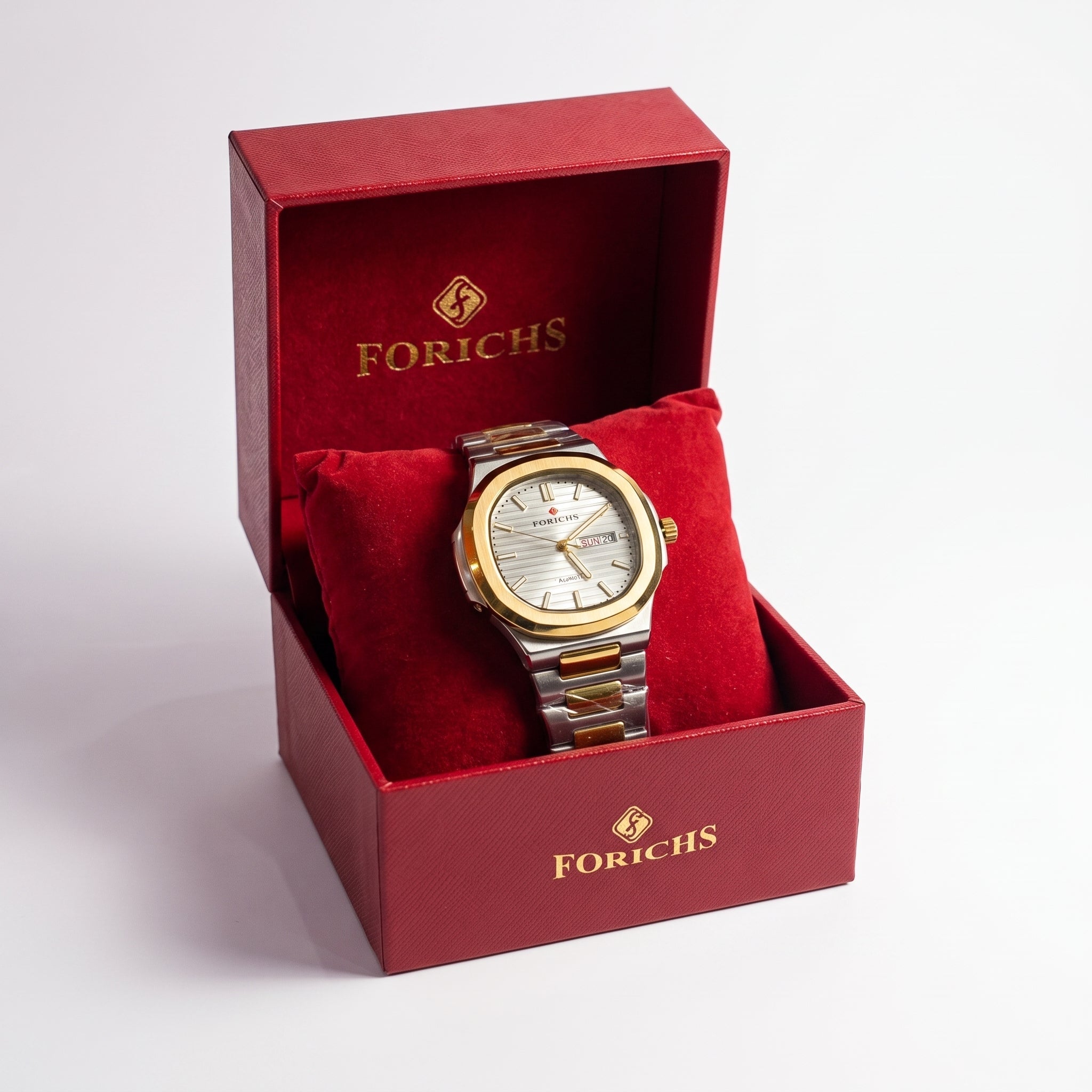 Side profile of the FORICHS two-tone gold and silver watch highlighting the day and date display, stainless steel construction, and double lock safety clasp, with a close up of the case back and clasp mechanism