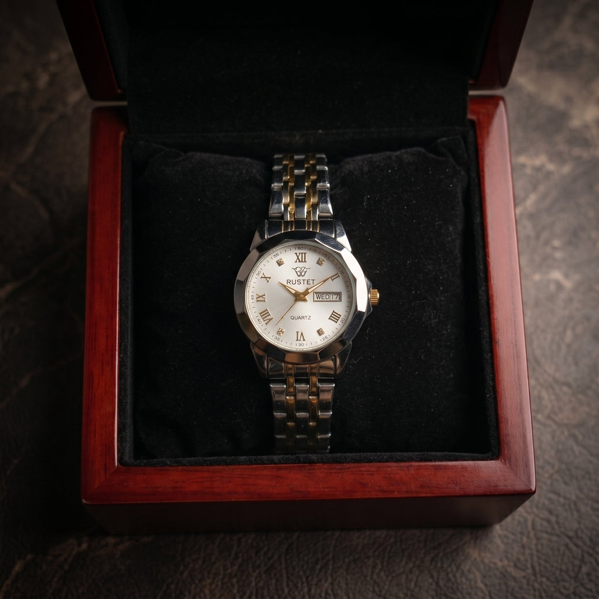 RUSTET Women's Waterproof  Two-Tone Watch – White Dial, Gold Accents, Day-Date