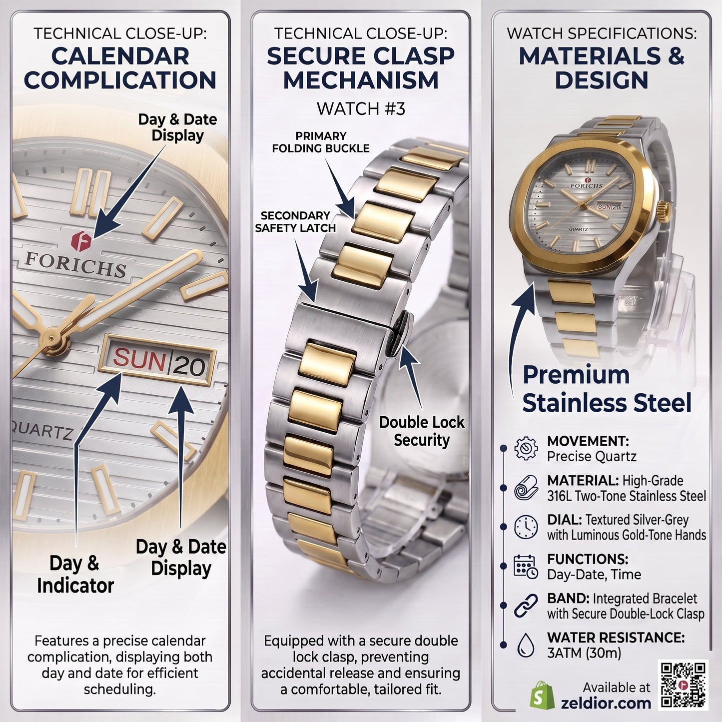 FORICHS Two-Tone Gold and Silver White Dial Stainless Steel Quartz Watch for Men