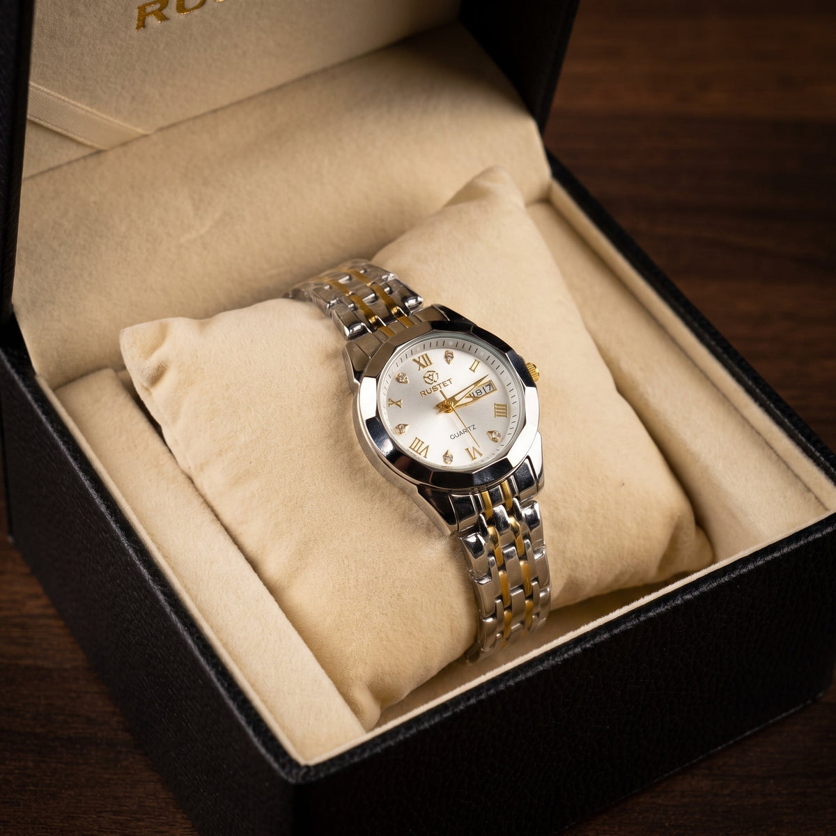 RUSTET Women's Waterproof  Two-Tone Watch – White Dial, Gold Accents, Day-Date