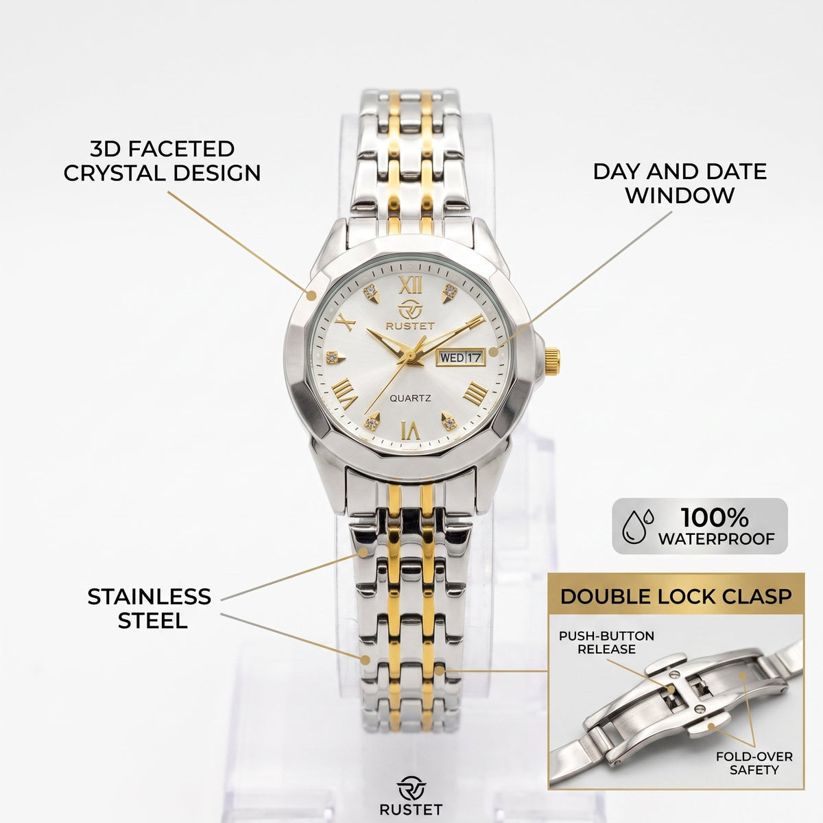 RUSTET Women's Waterproof  Two-Tone Watch – White Dial, Gold Accents, Day-Date