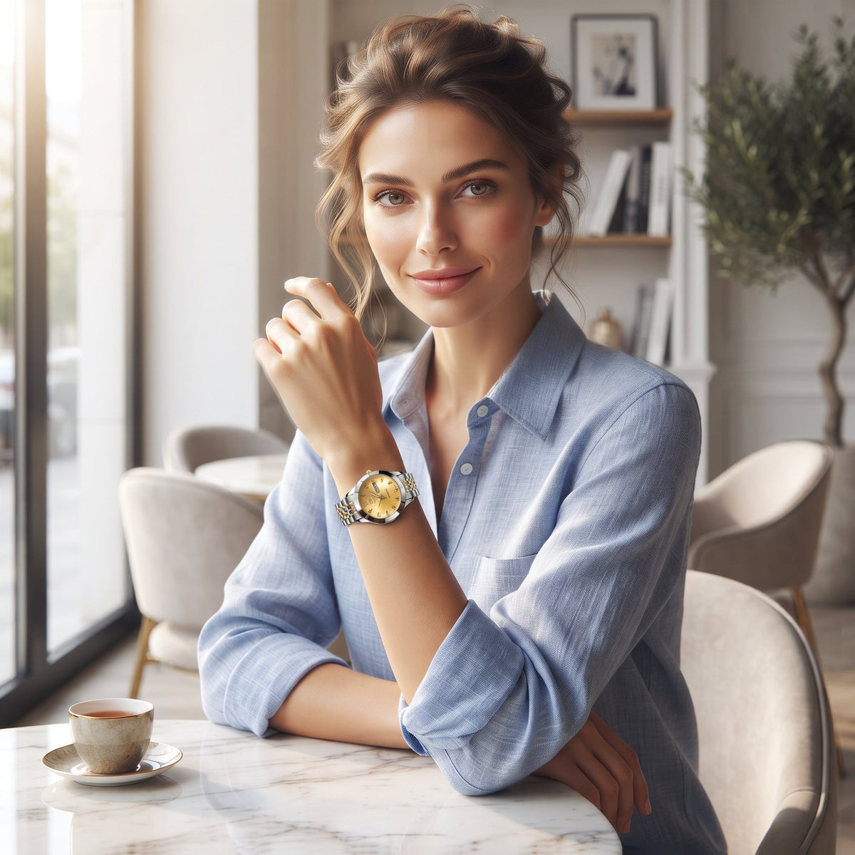 RUSTET Women's Waterproof Two-Tone Watch – Gold Dial, Day-Date, Double Lock Clasp