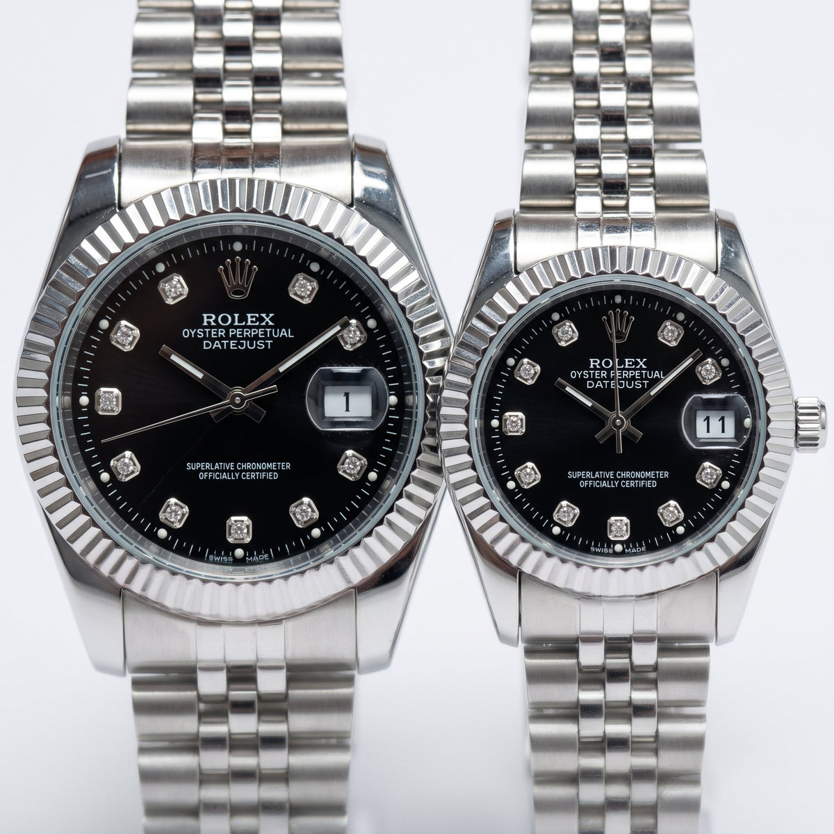 Premium Datejust Couple Watch Set – Black Dial, Fluted Bezel & Jubilee Bracelet (His & Hers)