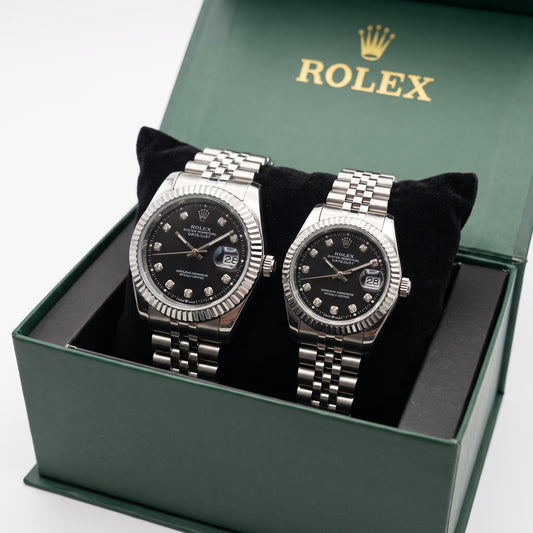 Premium Datejust Couple Watch Set – Black Dial, Fluted Bezel & Jubilee Bracelet (His & Hers)
