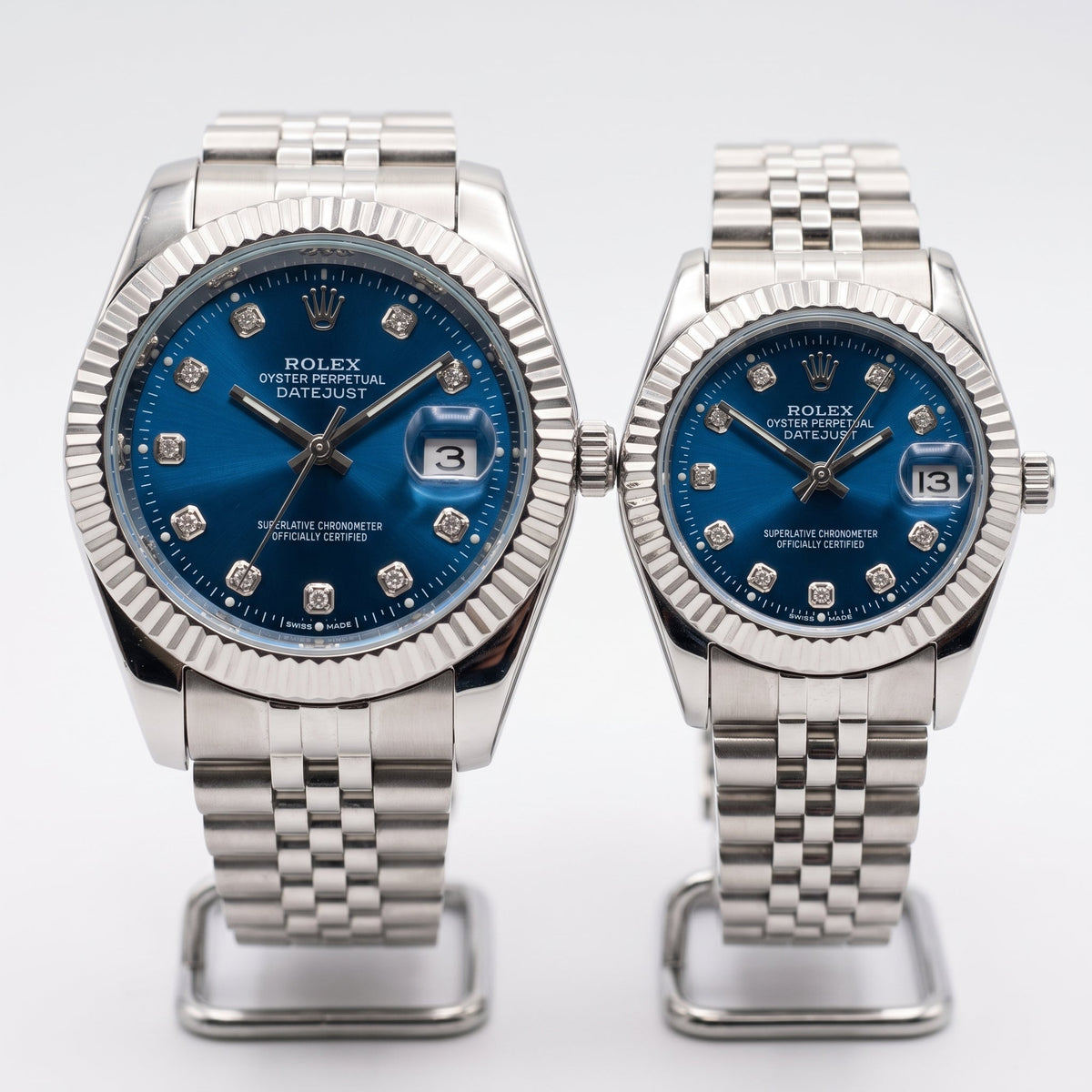 Premium Datejust Couple Watch Set – Blue Dial, Fluted Bezel & Jubilee Bracelet (His & Hers)