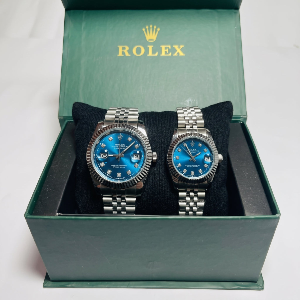 Premium Datejust Couple Watch Set – Blue Dial, Fluted Bezel & Jubilee Bracelet (His & Hers)