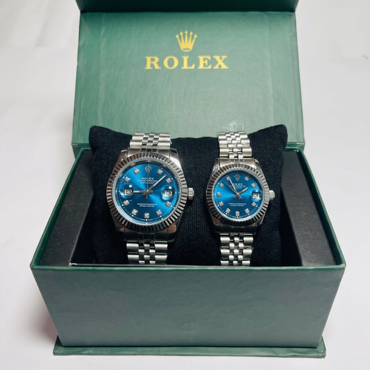 Premium Datejust Couple Watch Set – Blue Dial, Fluted Bezel & Jubilee Bracelet (His & Hers)