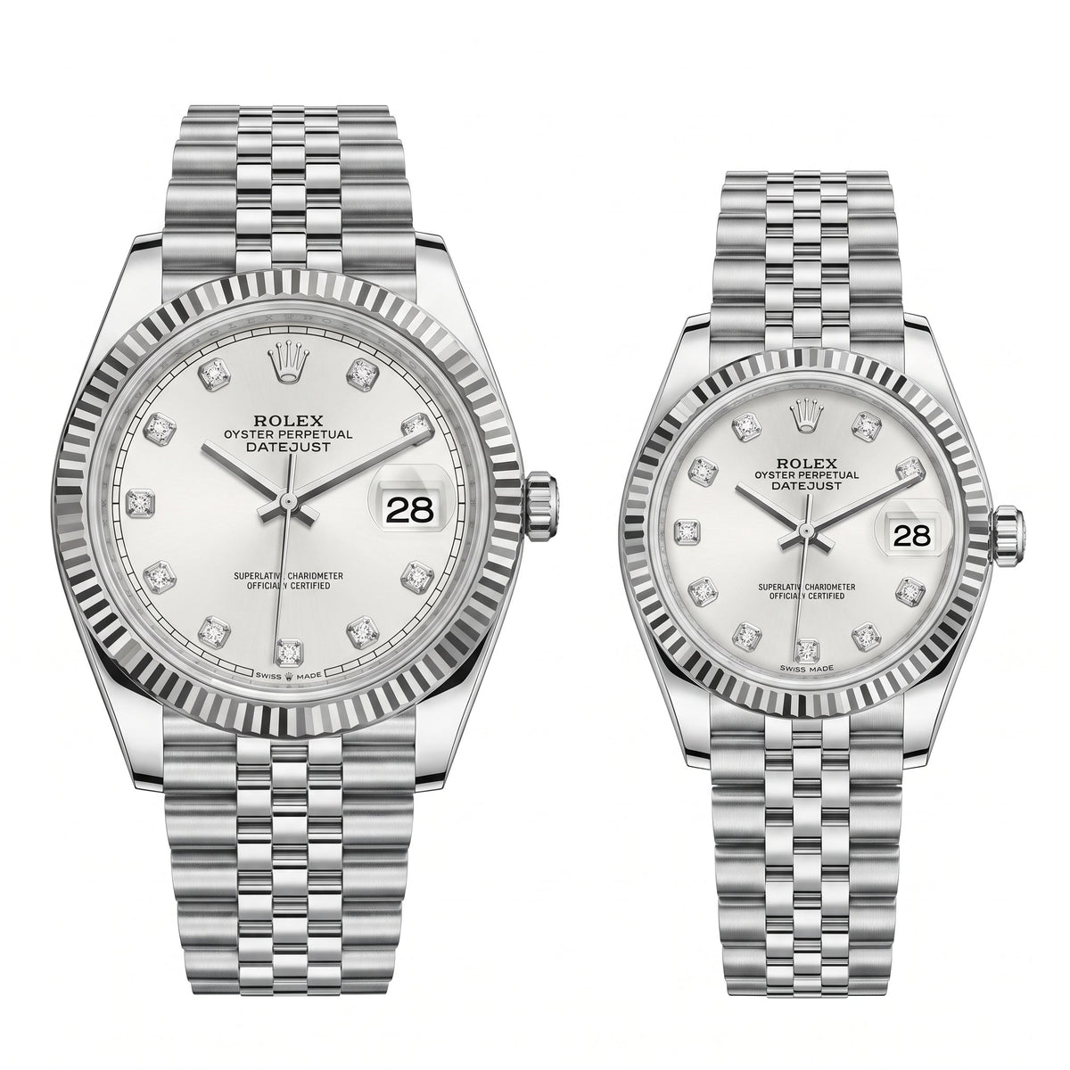 Premium Datejust Couple Watch Set – Silver Dial, Fluted Bezel & Jubilee Bracelet (His & Hers)