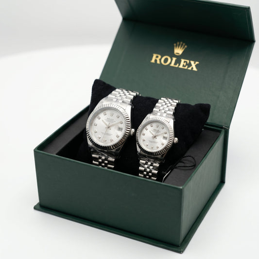 Premium Datejust Couple Watch Set – Silver Dial, Fluted Bezel & Jubilee Bracelet (His & Hers)