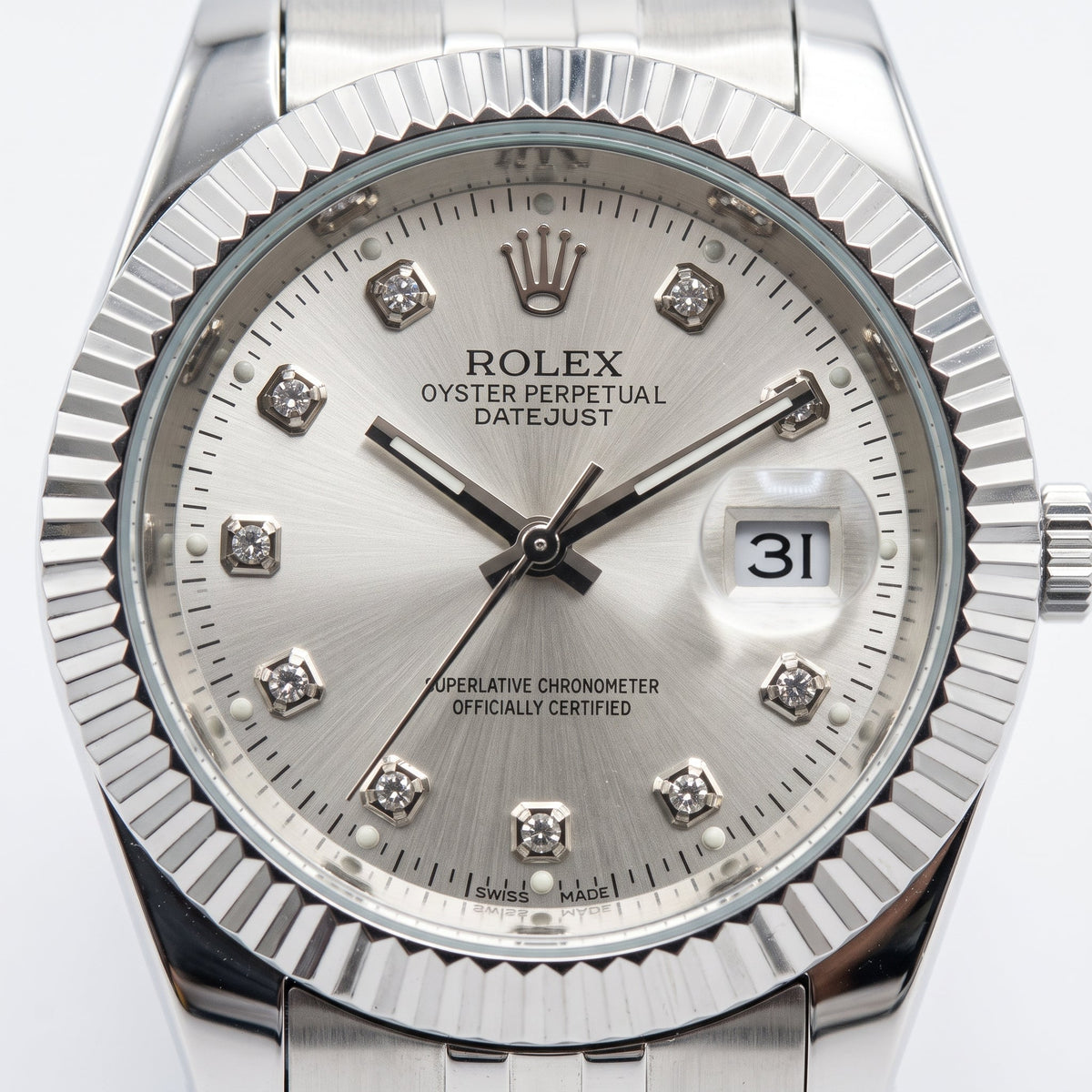 Premium Men's Silver Datejust Watch – Fluted Bezel, Jubilee Bracelet & Diamond Markers