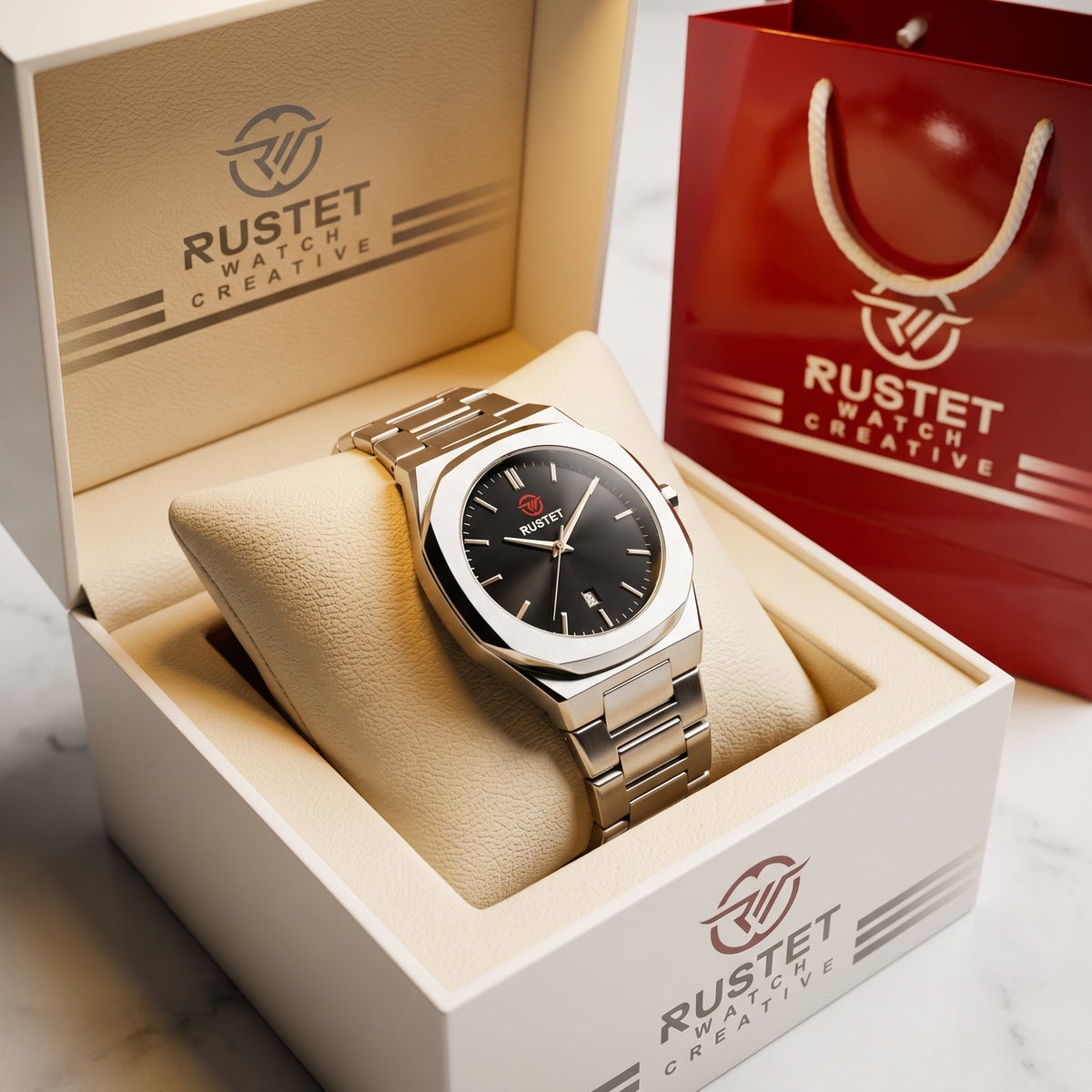 RUSTET Men's Ultra-Thin Sunburst Watch – Black Dial, Heavy Steel, Waterproof & date