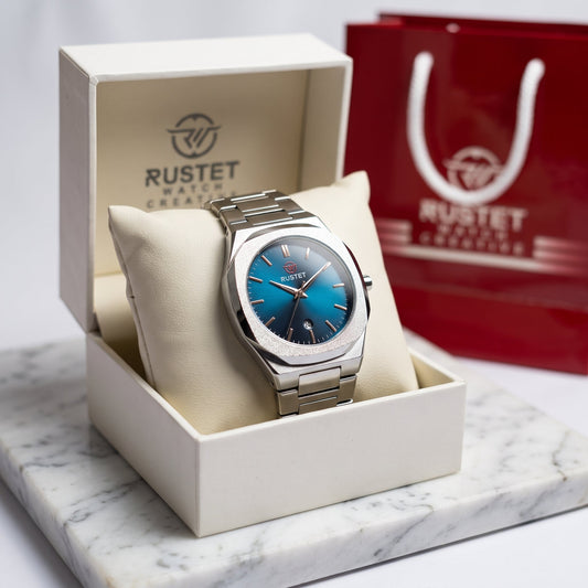 RUSTET Men's Ultra-Thin Sunburst Watch – Blue Dial, Heavy Steel & Waterproof