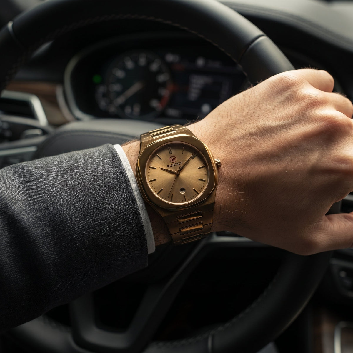 RUSTET Men's Ultra-Thin Sunburst Watch – Full Gold, Heavy Steel, Waterproof & Date
