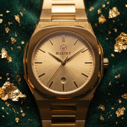 RUSTET Men's Ultra-Thin Sunburst Watch – Full Gold, Heavy Steel, Waterproof & Date