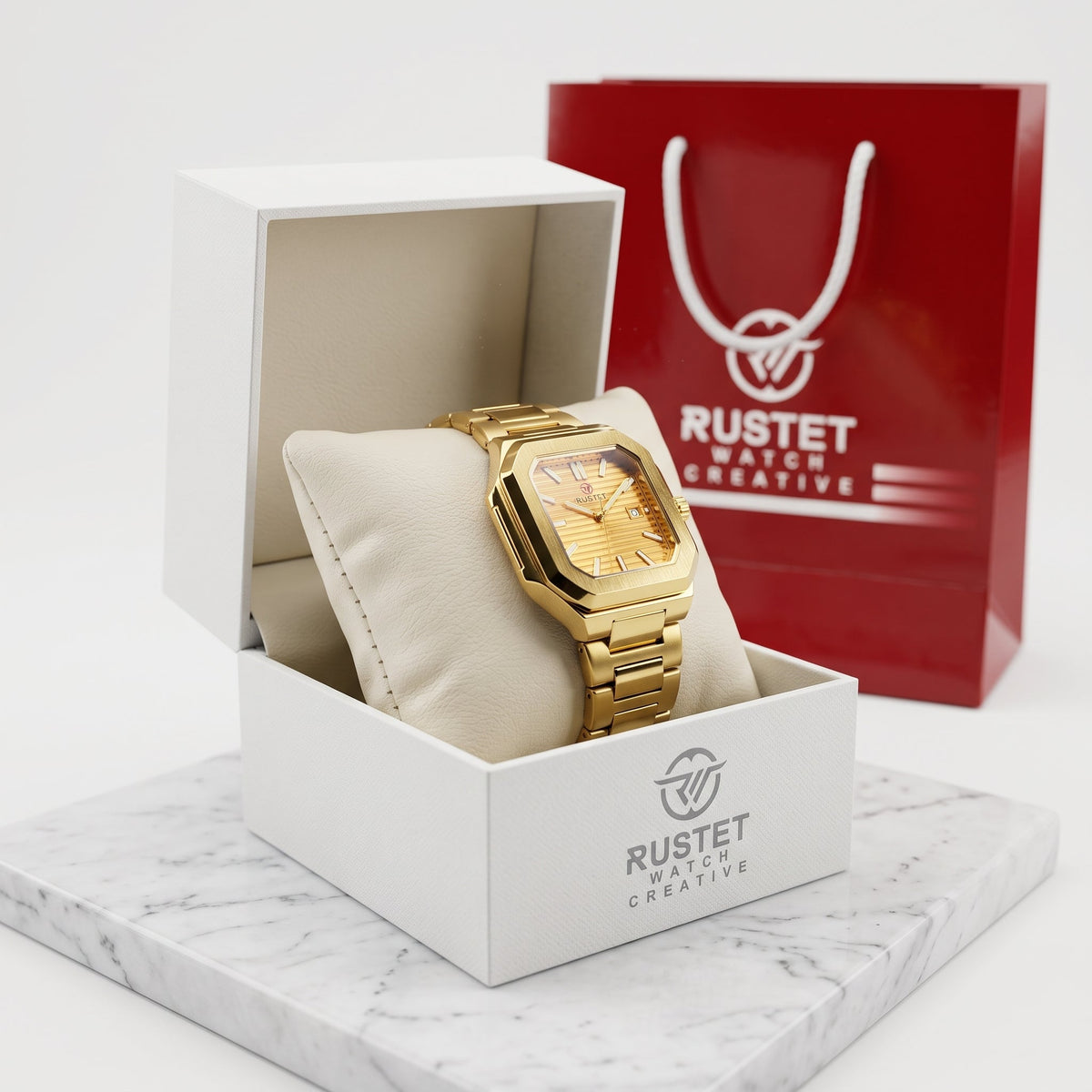 RUSTET Men's Ultra-Thin Square Case Watch – Full Gold, Pleated Dial & Waterproof