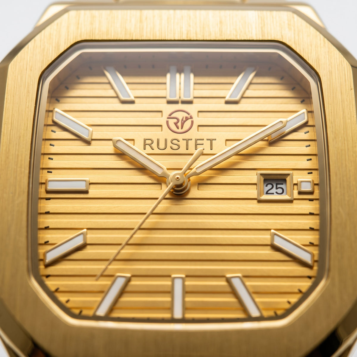 RUSTET Men's Ultra-Thin Square Case Watch – Full Gold, Pleated Dial & Waterproof
