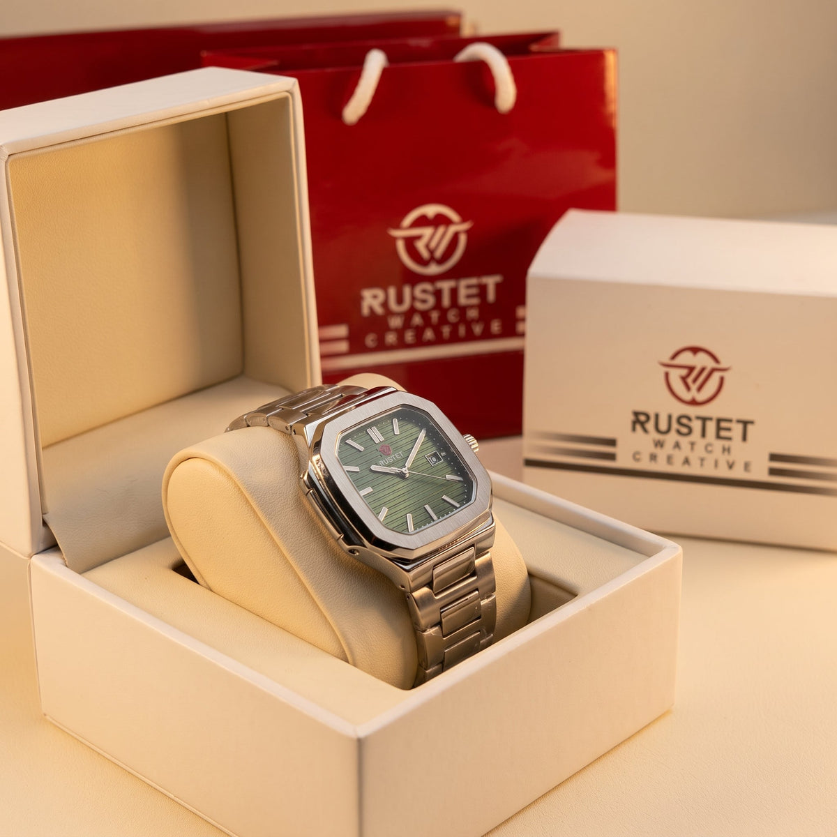 RUSTET Men's Ultra-Thin Square Case Watch – Green Dial - date, Steel & Waterproof