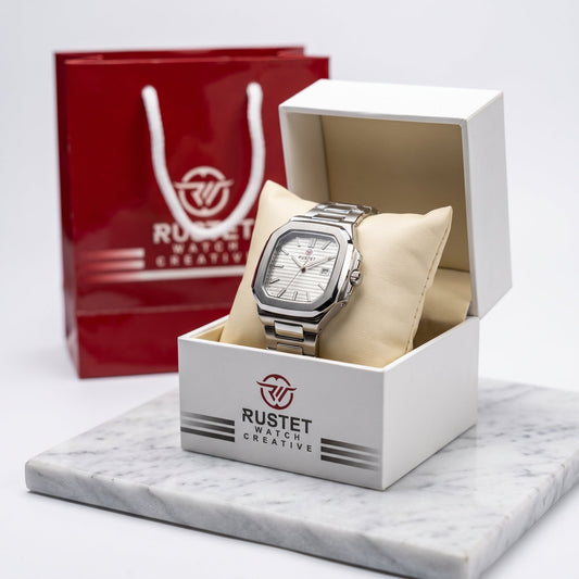 RUSTET Men's Ultra-Thin Square Case Watch – Silver, Pleated Dial, Waterproof & Date