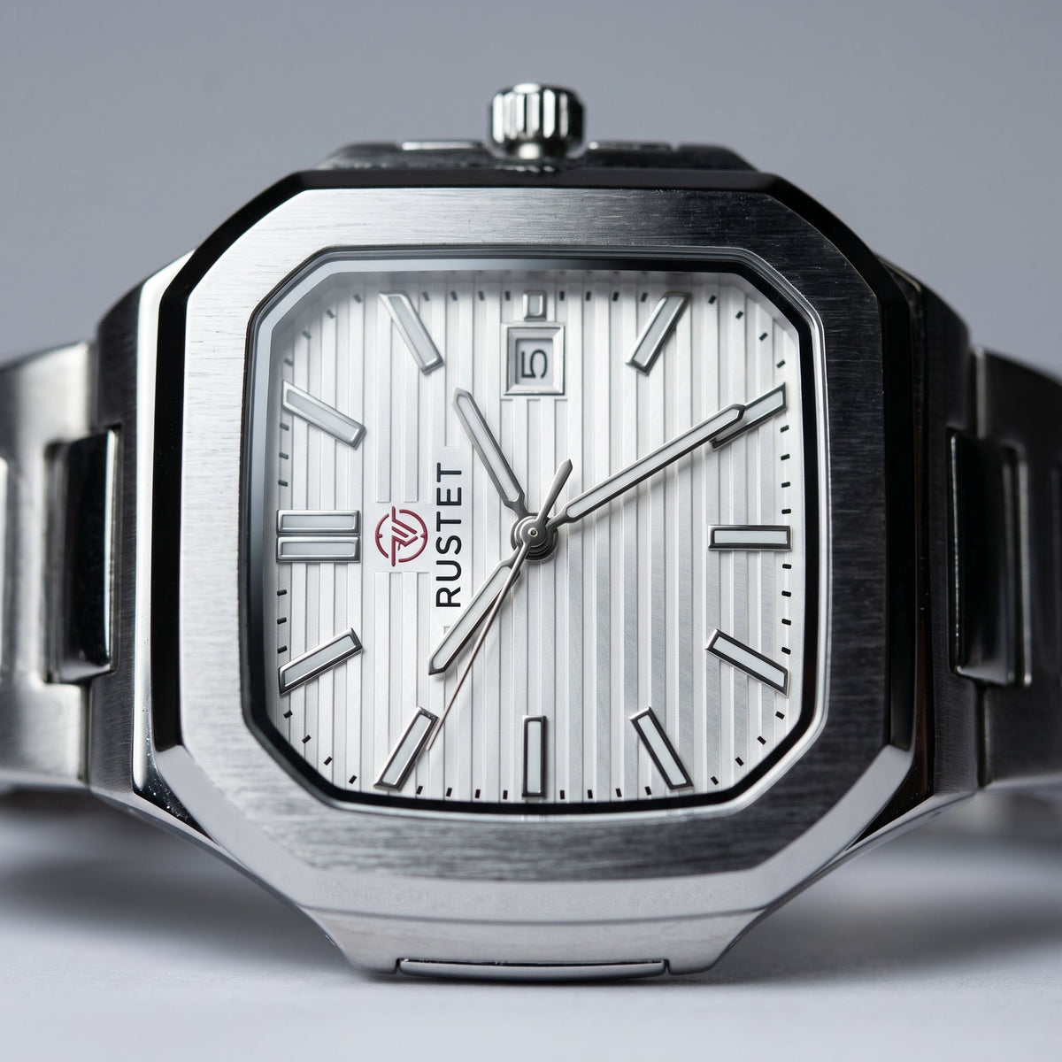 RUSTET Men's Ultra-Thin Square Case Watch – Silver, Pleated Dial, Waterproof & Date