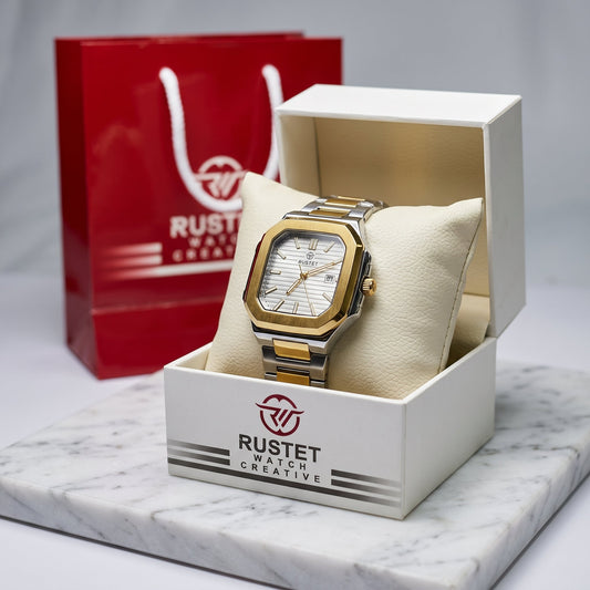 RUSTET Men's Ultra-Thin Square Case Watch – Two-Tone Steel & Gold, Waterproof