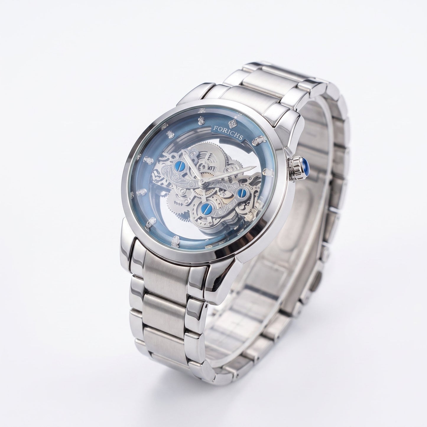 FORICHS automatic skeleton watch infographic highlighting transparent dial, premium stainless steel, and 5ATM water resistance