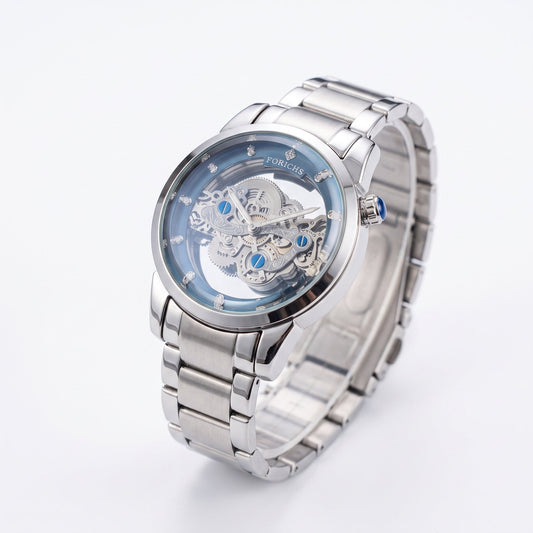 FORICHS automatic skeleton watch infographic highlighting transparent dial, premium stainless steel, and 5ATM water resistance