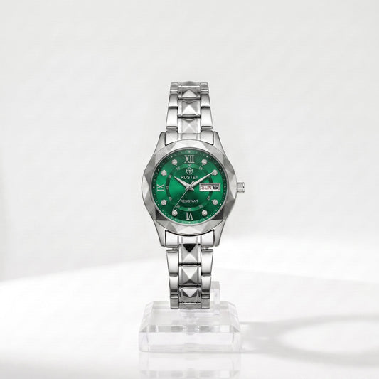 Zeldior RUSTET Women's Green Crystal Watch dial with 3D faceted crystal design and day-date window