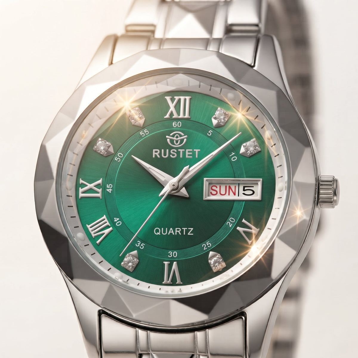 Zeldior RUSTET Women's Green Crystal Watch full front view on display stand