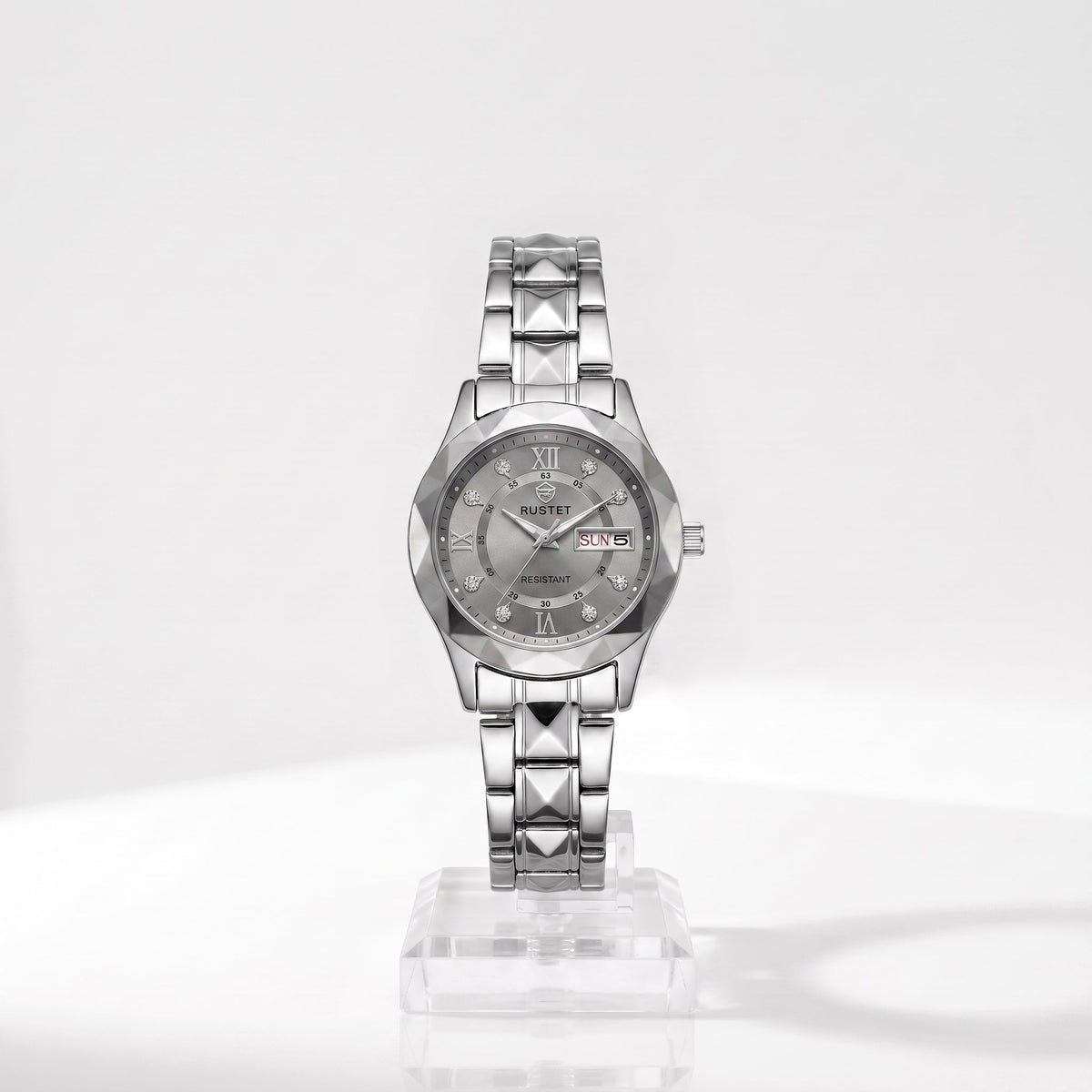 Zeldior RUSTET Women's Watch grey dial with 3D faceted crystal design and day-date window