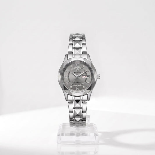 Zeldior RUSTET Women's Watch grey dial with 3D faceted crystal design and day-date window