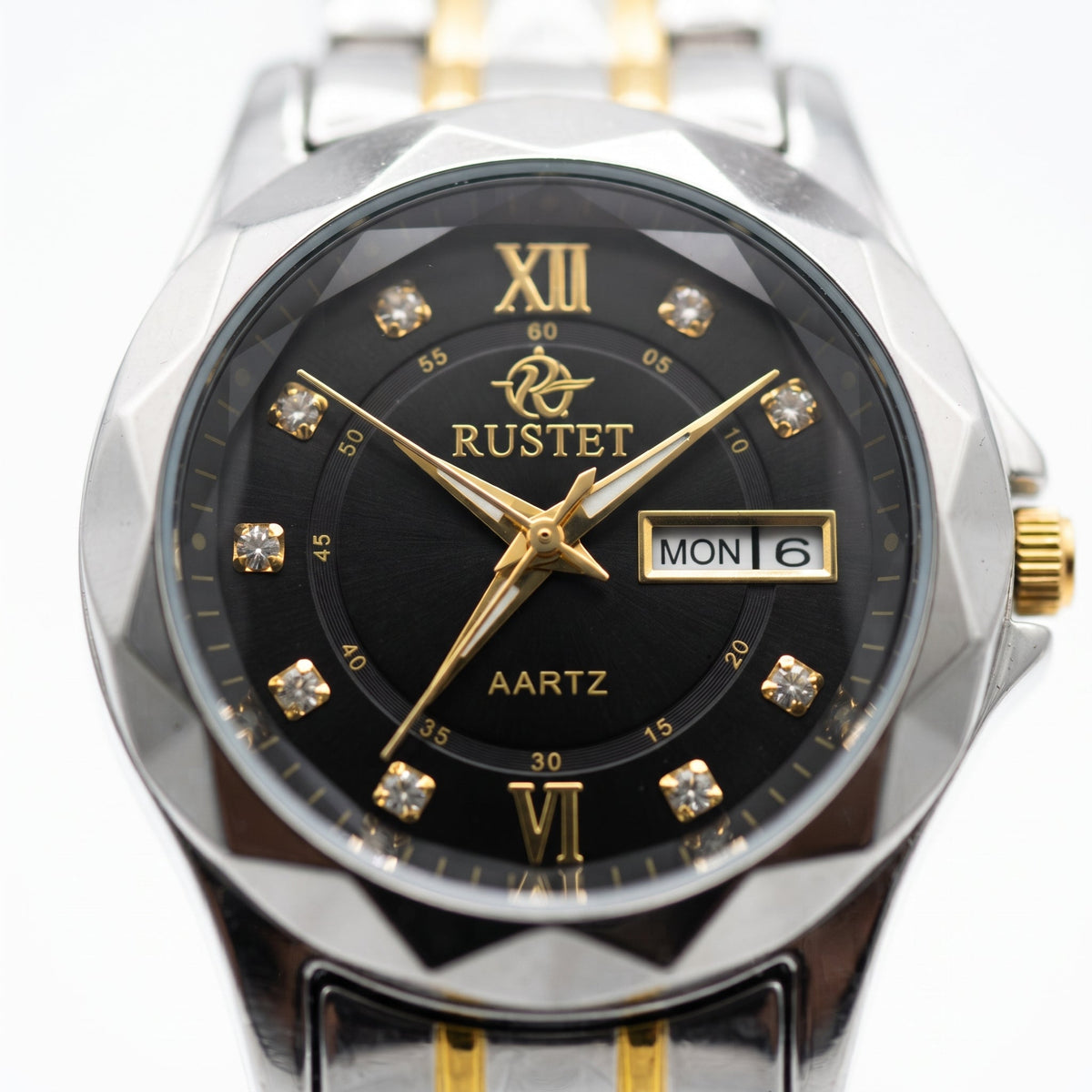 Zeldior RUSTET Women's Two-Tone Gold Watch black dial macro with crystal hour markers
