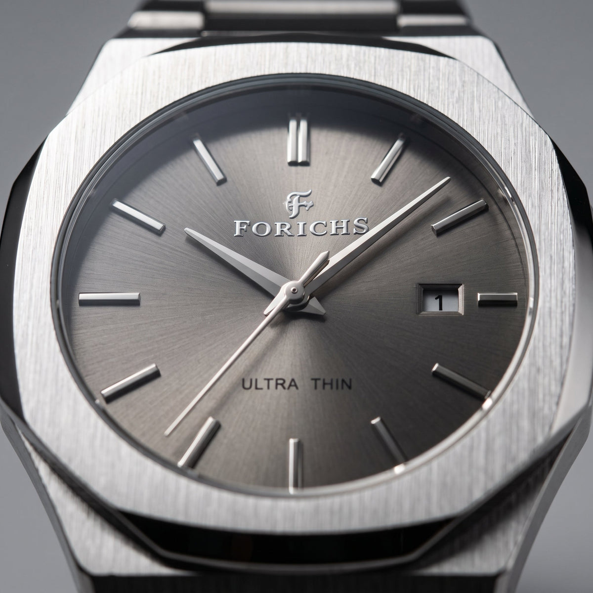FORICHS Men's Ultra-Thin Quartz Watch – Sapphire Crystal, Steel & Grey Dial & Date