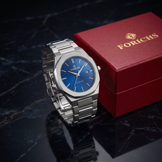 FORICHS Men's Ultra-Thin Quartz Watch – Sapphire Crystal, Steel & Blue Dial & Date