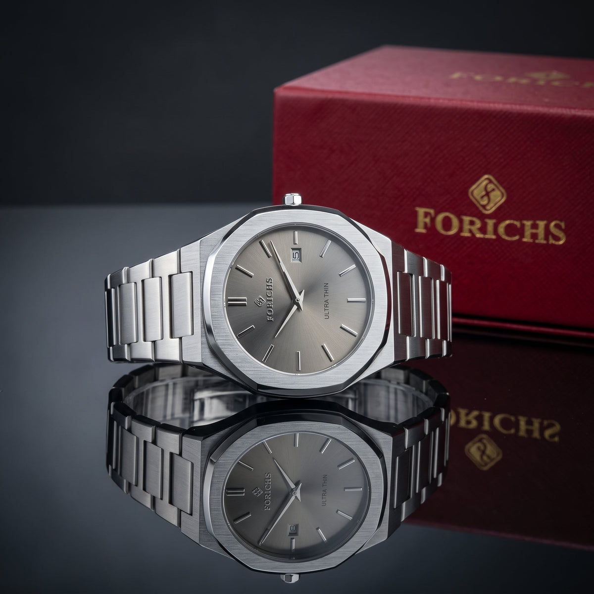FORICHS Men's Ultra-Thin Quartz Watch – Sapphire Crystal, Steel & Grey Dial & Date