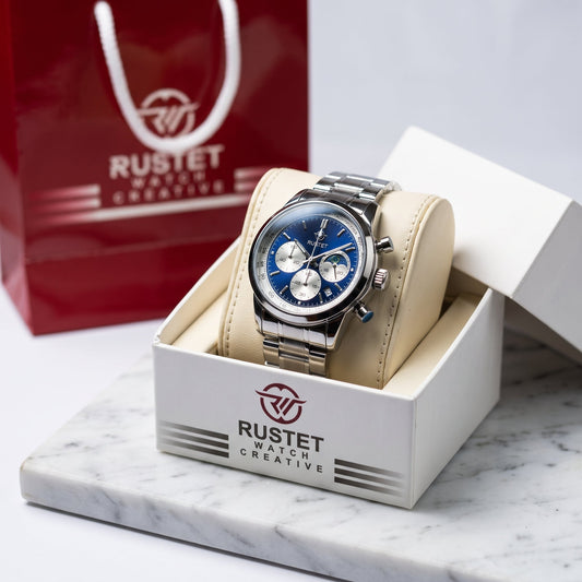 RUSTET Men's Chronograph Watch – Sapphire Crystal, Steel & Blue Dial with premium case