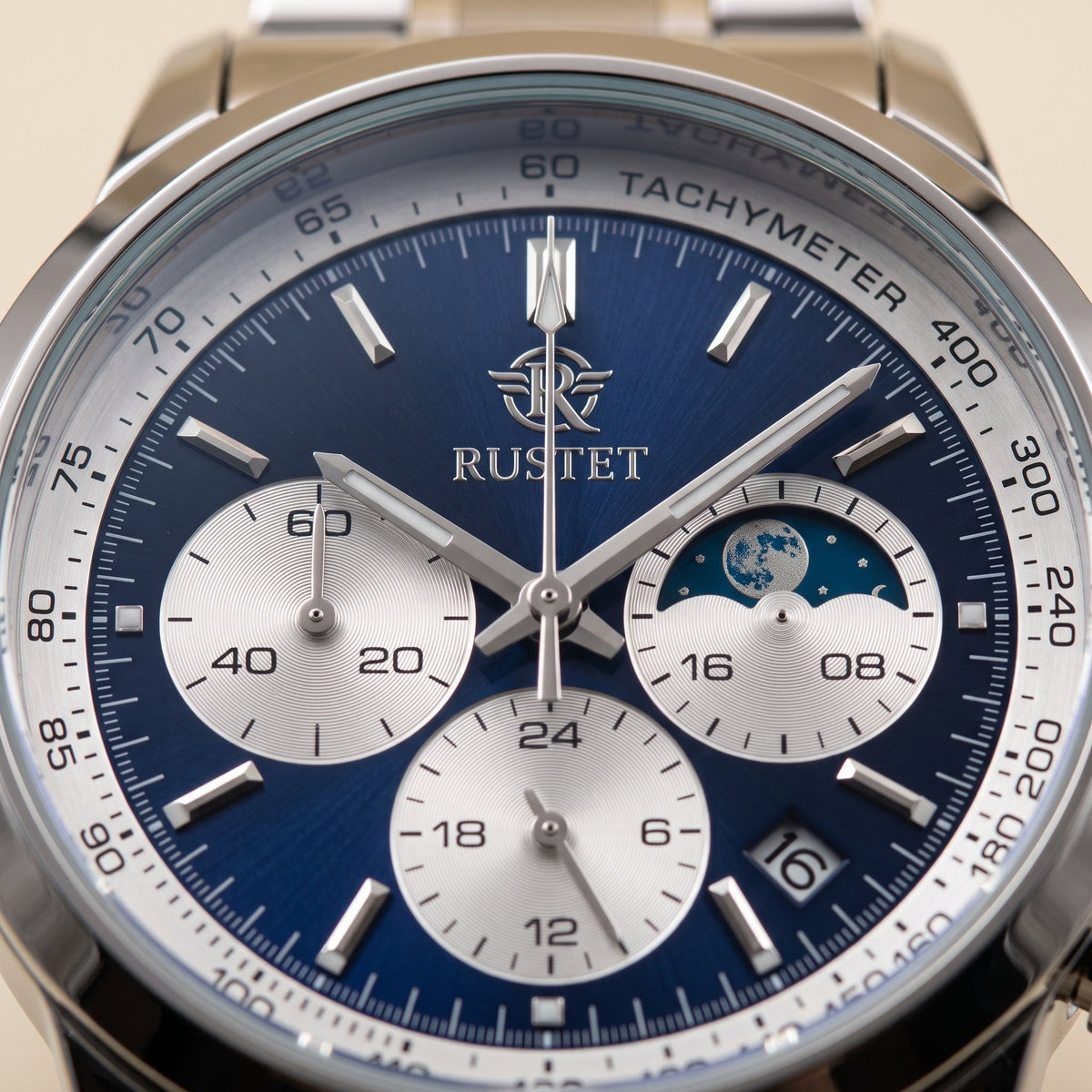 RUSTET Men's Chronograph Watch – Sapphire Crystal, Steel & Blue Dial with premium case